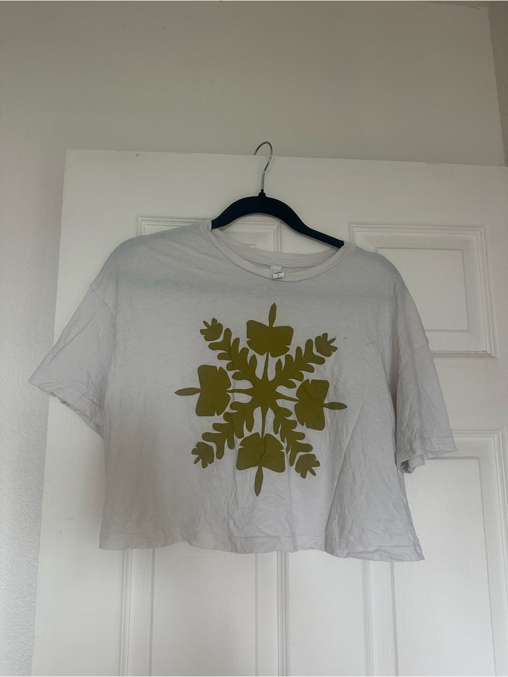 White Cropped Tee with Olive Green Floral Motif